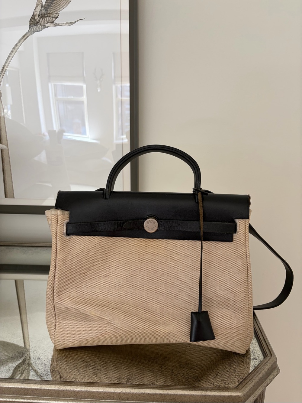 Hermes Two-Tone Black and Beige Canvas Satchel